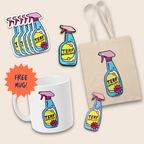 Natural-coloured tote bag, embroidered patch, enamel pin, five stickers and white mug arranged on a cream background, all featuring a blue and pink spray bottle labelled “TERF Repellent”. An orange starburst beside the mug reads “FREE MUG!”