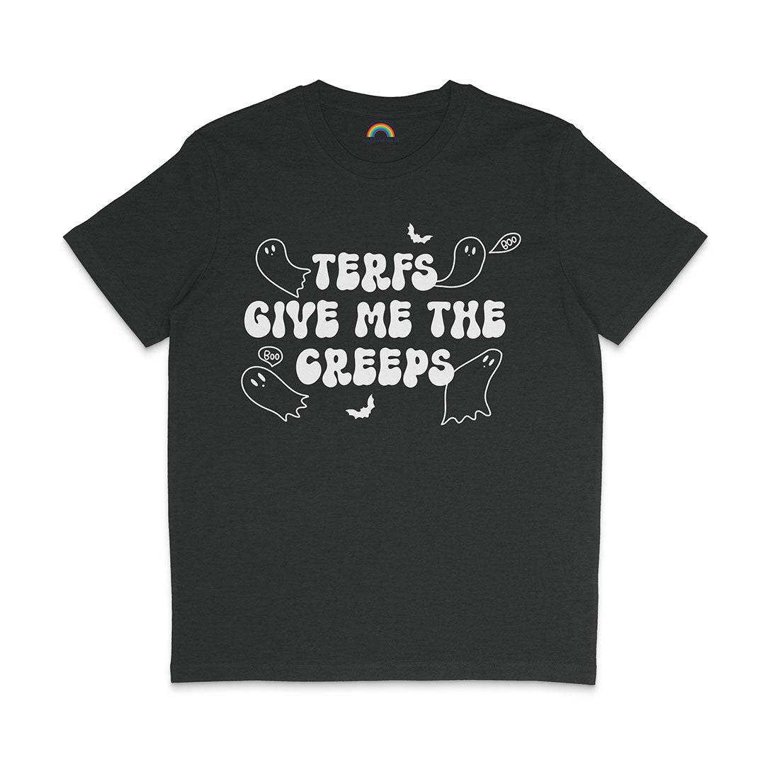A dark heather grey T-shirt displaying a Halloween-themed design with the text "TERFs Give Me The Creeps" in bold, white dripping letters. The design is complemented by cartoon ghosts, bats, and speech bubbles that say "Boo", enhancing the spooky aesthetic of the shirt.