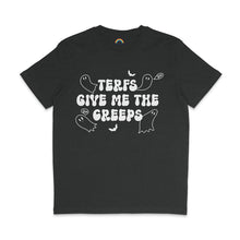 Load image into Gallery viewer, A dark heather grey T-shirt displaying a Halloween-themed design with the text &quot;TERFs Give Me The Creeps&quot; in bold, white dripping letters. The design is complemented by cartoon ghosts, bats, and speech bubbles that say &quot;Boo&quot;, enhancing the spooky aesthetic of the shirt.