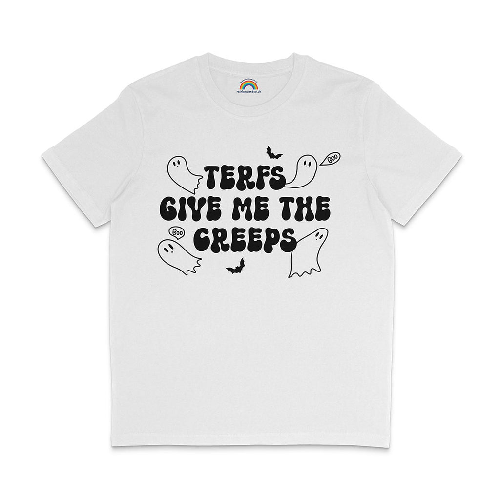 A white T-shirt featuring a Halloween-themed design with the text "TERFs Give Me The Creeps" in bold, black dripping letters. Surrounding the text are cartoon ghosts, bats, and speech bubbles that say "Boo", adding a spooky, fun element to the shirt.