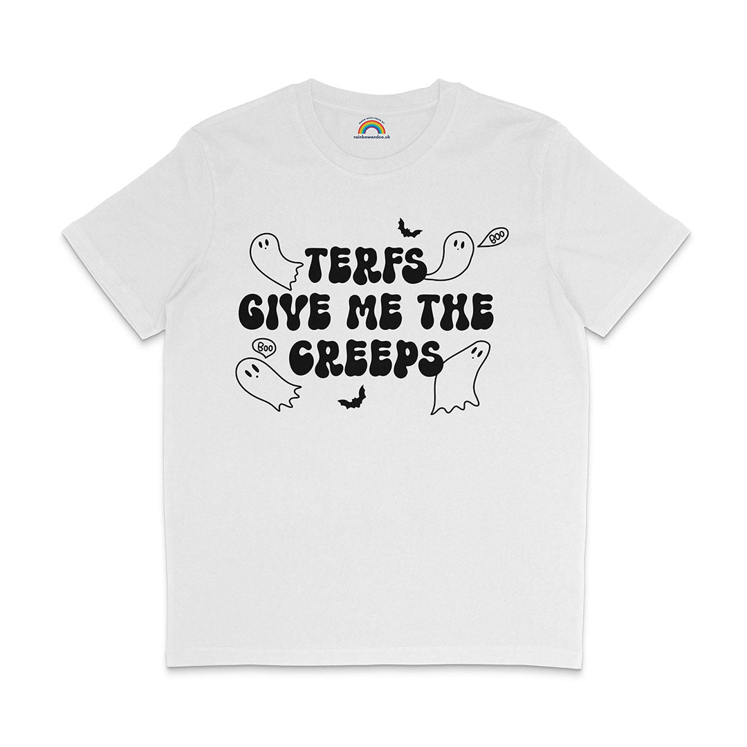 A white T-shirt featuring a Halloween-themed design with the text "TERFs Give Me The Creeps" in bold, black dripping letters. Surrounding the text are cartoon ghosts, bats, and speech bubbles that say "Boo", adding a spooky, fun element to the shirt.