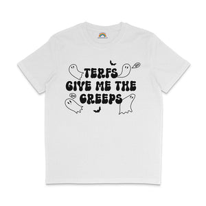 A white T-shirt featuring a Halloween-themed design with the text "TERFs Give Me The Creeps" in bold, black dripping letters. Surrounding the text are cartoon ghosts, bats, and speech bubbles that say "Boo", adding a spooky, fun element to the shirt.