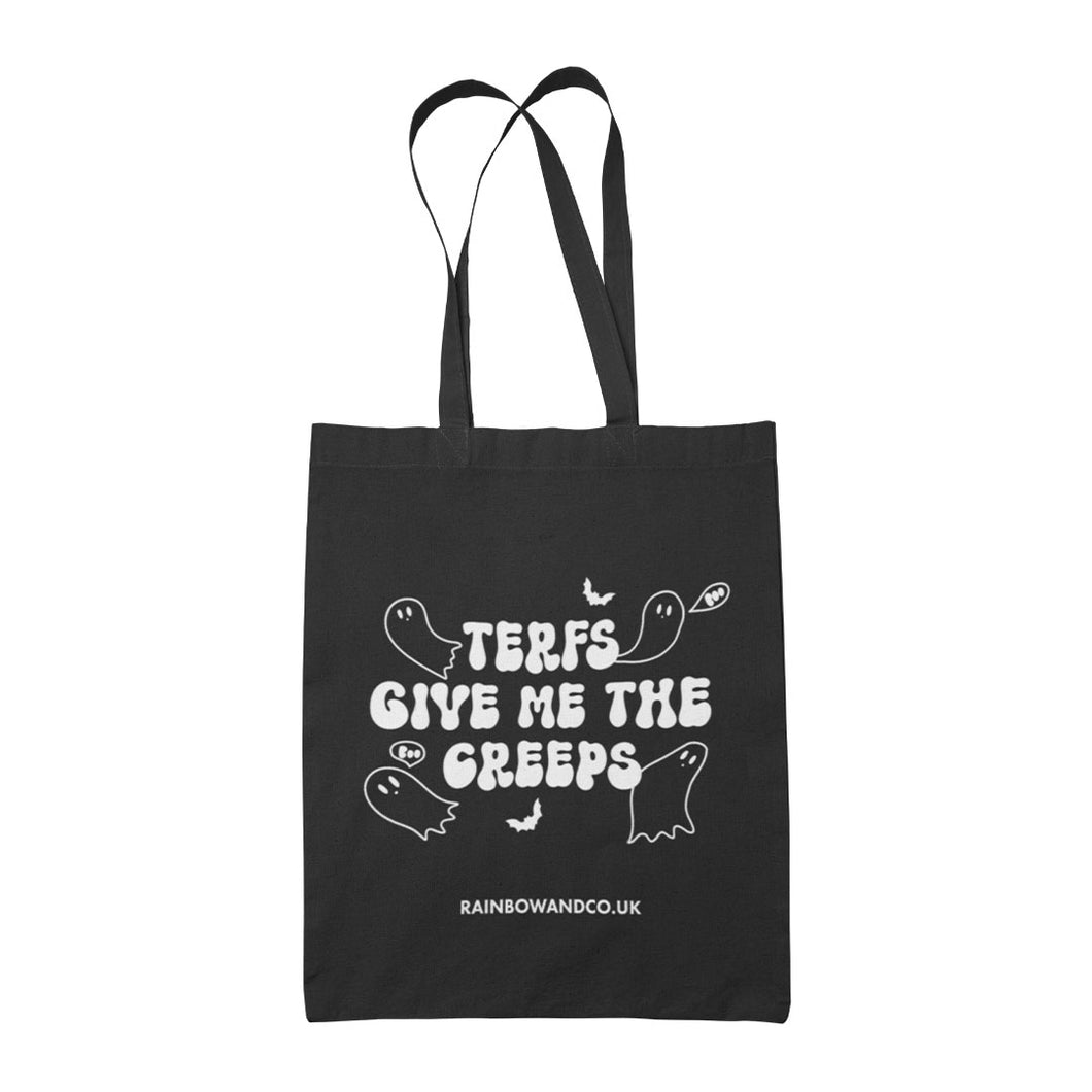 A black tote bag with white lettering that reads 