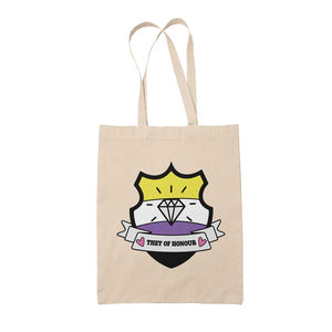 Natural coloured tote bag featuring a shield with a banner across it's front. Banner reads They of Honor. The background of the shield is the non binary pride flag and there is a jewel icon in the centre.