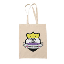 Load image into Gallery viewer, Natural coloured tote bag featuring a shield with a banner across it&#39;s front. Banner reads They of Honor. The background of the shield is the non binary pride flag and there is a jewel icon in the centre.