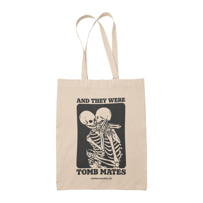 Natural cotton tote bag featuring the slogan And They Were Tomb Mates alongside an image of two skeletons embracing