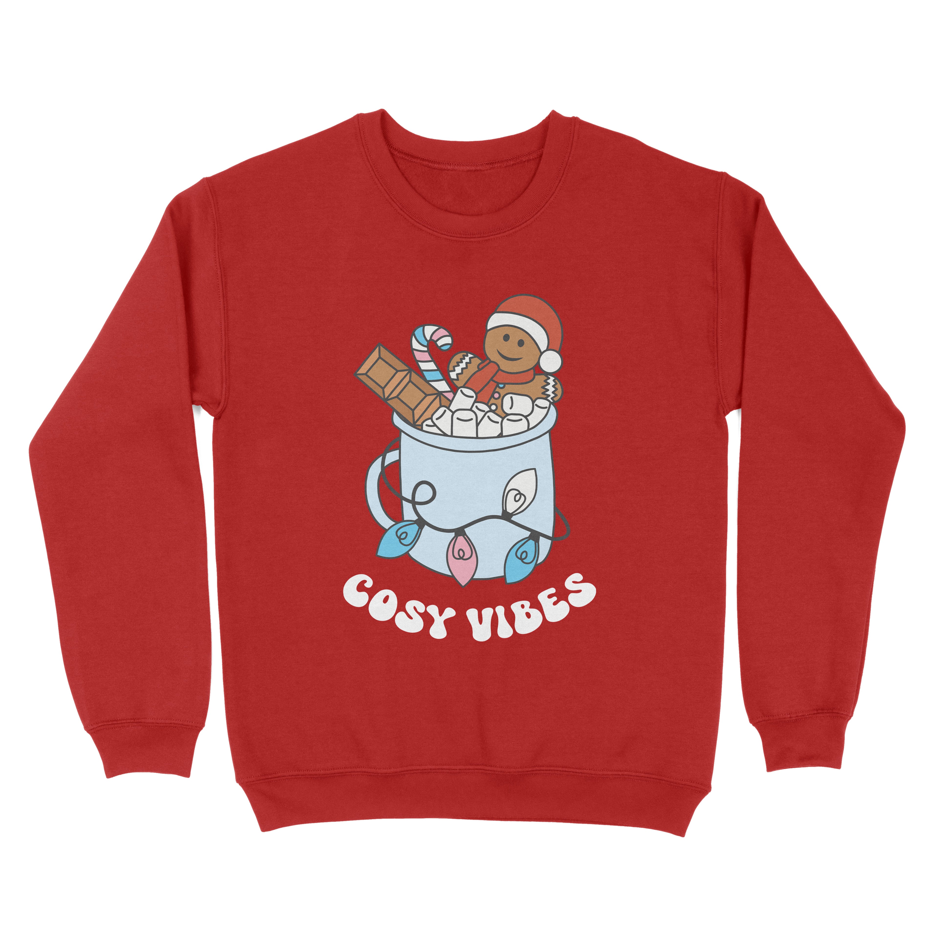Fire Red sweatshirt featuring retro text reading 'cosy vibes'. The image shows a mug of hot chocolate with marshmallows and a gingerbread man wearing a Santa hat. A candy cane in the mug and lights around the mug are the colours of the transgender pride flag.