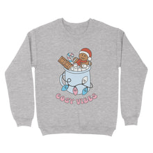 Load image into Gallery viewer, Heather Grey sweatshirt featuring retro text reading &#39;cosy vibes&#39;. The image shows a mug of hot chocolate with marshmallows and a gingerbread man wearing a Santa hat. A candy cane in the mug and lights around the mug are the colours of the transgender pride flag.