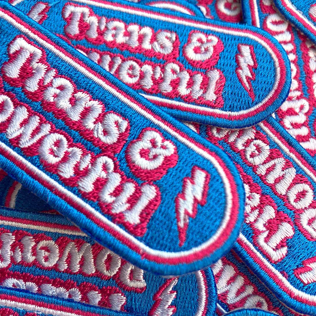 Close Up of Embroidered Trans & Powerful Patch