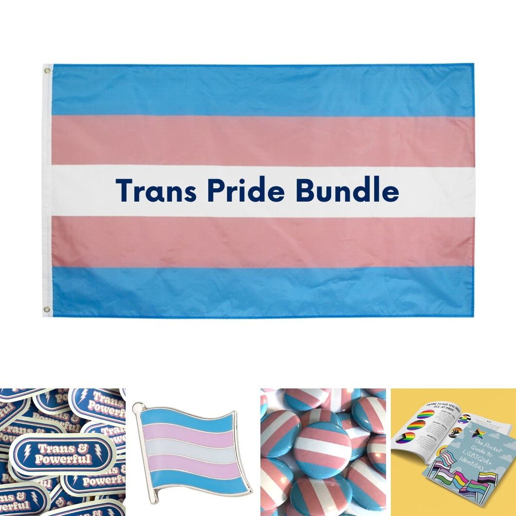 Trans Pride Bundle with Transgender Flag, Sticker, Enamel Pin, Badge, and Pocket Guide to LGBTQIA+ Identities