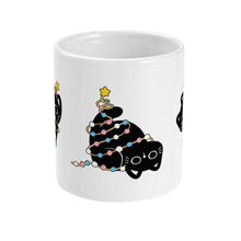 Load image into Gallery viewer, A white mug featuring a playful black cat wrapped in Christmas lights. The lights are in pastel blue, pink, and white, representing the colours of the transgender pride flag.