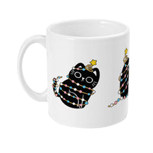 Load image into Gallery viewer, Side view of a white mug displaying a black cat sitting upright, adorned with pastel blue, pink, and white Christmas lights. A small yellow star rests atop the cat’s head.