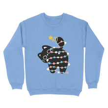 Load image into Gallery viewer, Cornflower blue sweatshirt showcasing a black cat adorned with festive lights in pink, blue, and white, representing the transgender pride flag, lifting its tail with a star.