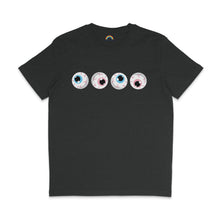 Load image into Gallery viewer, A dark heather grey t-shirt featuring four eyeballs with blue and pink irises, inspired by the Transgender pride flag colours. The eyeballs are designed with a spooky style and red veins, arranged horizontally across the chest.