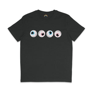 A dark heather grey t-shirt featuring four eyeballs with blue and pink irises, inspired by the Transgender pride flag colours. The eyeballs are designed with a spooky style and red veins, arranged horizontally across the chest.