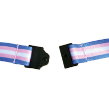 Load image into Gallery viewer, Close up of the safety break on a lanyard in the colours of the transgender flag.