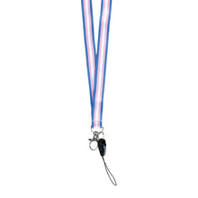 Load image into Gallery viewer, Lanyard in the colours of the transgender flag with a dog clip attached to the bottom.