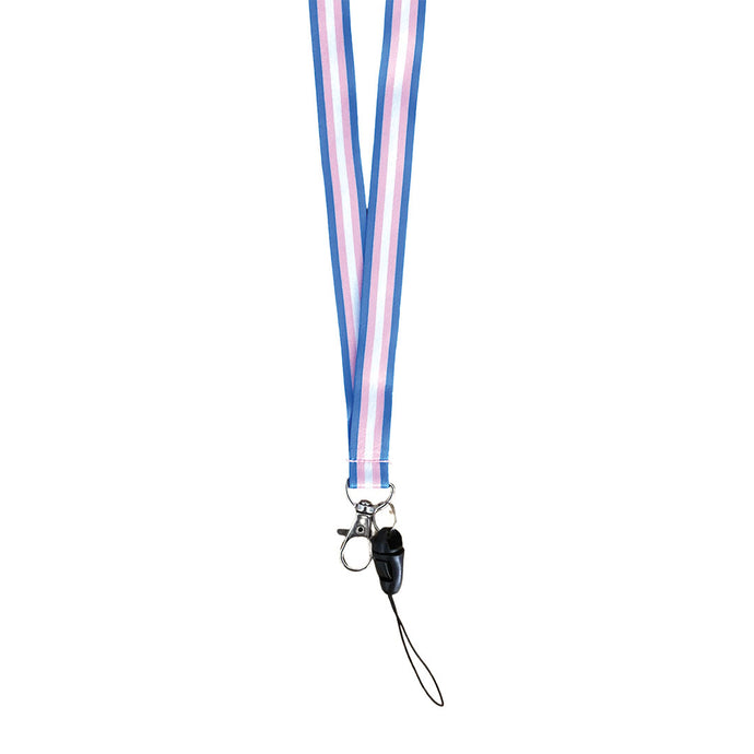 Lanyard in the colours of the transgender flag with a dog clip attached to the bottom.