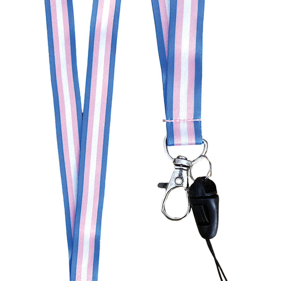 Close up of a lanyard in the colours of the transgender flag with a dog clip attached to the bottom.