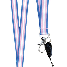 Load image into Gallery viewer, Close up of a lanyard in the colours of the transgender flag with a dog clip attached to the bottom.
