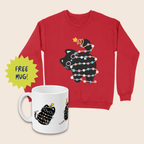 Red Christmas jumper and white mug featuring black cats wrapped in light blue, pink and white fairy lights, arranged on a cream background. A lime-green starburst beside the mug reads “FREE MUG!”
