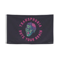 Flag with a graphic design of a zombie's face with brain revealed and text 'Transphobia Rots Your Brain' on a black background.