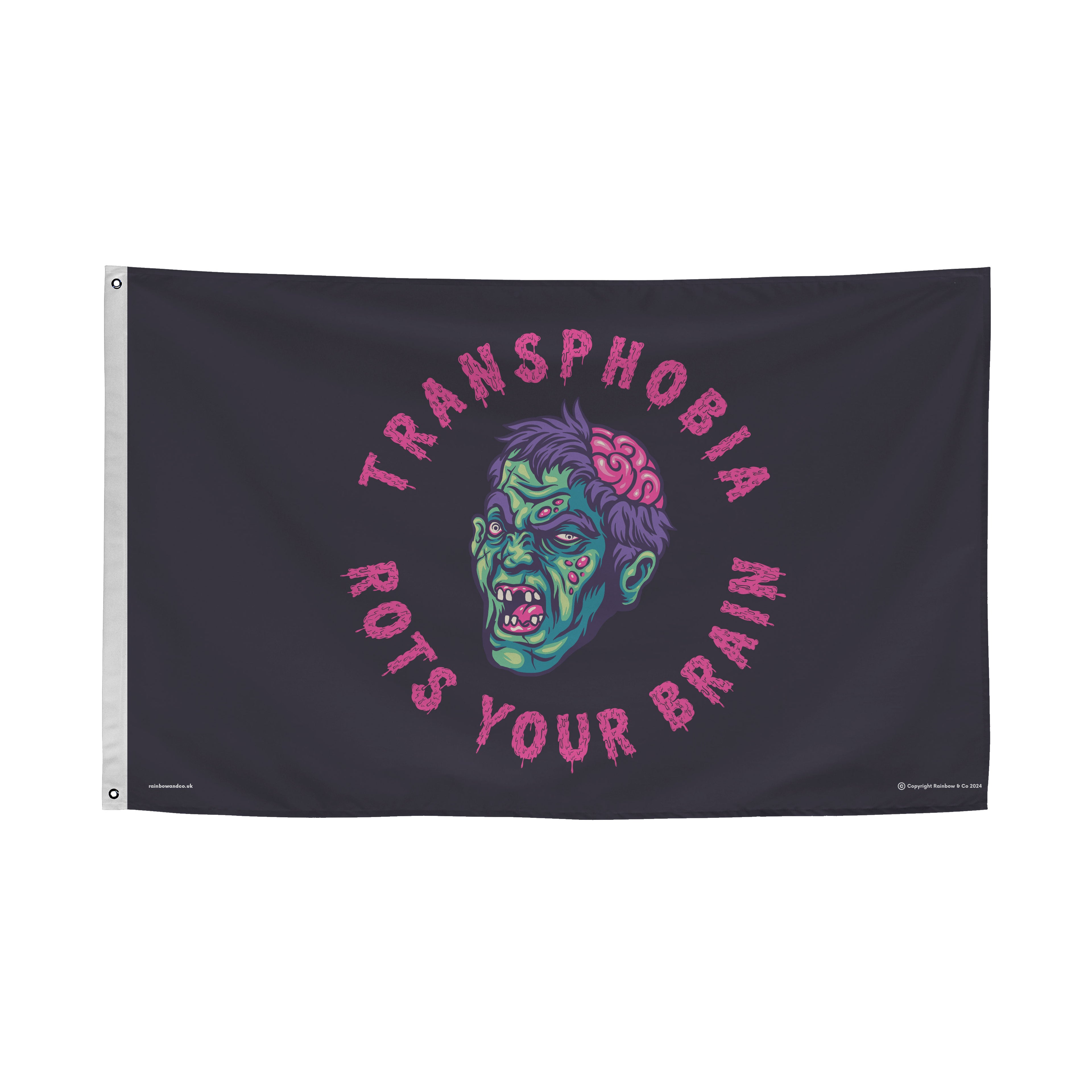 Flag with a graphic design of a zombie's face with brain revealed and text 'Transphobia Rots Your Brain' on a black background.