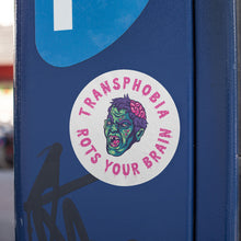 Load image into Gallery viewer, A round white sticker on a blue surface displaying a graphic of a green zombie face with an exposed brain. The words &quot;Transphobia Rots Your Brain&quot; are written in bold pink letters around the zombie illustration, making a strong statement against transphobia.