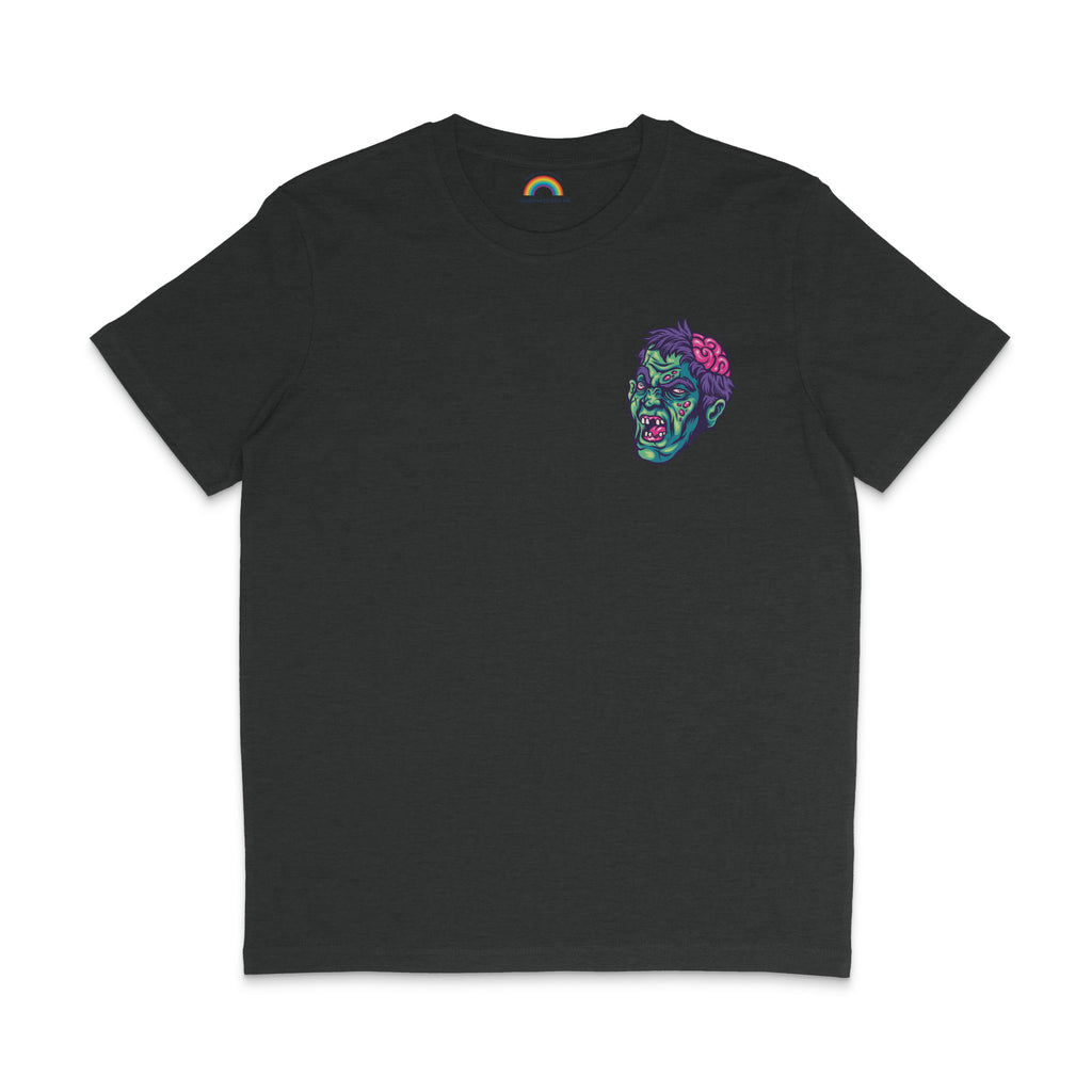 A dark heather grey t-shirt featuring a small, colourful zombie head design on the front left chest area. The zombie head has a green face, an exposed pink brain, and an eerie expression, adding a Halloween-themed element to the shirt.