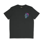 A dark heather grey t-shirt featuring a small, colourful zombie head design on the front left chest area. The zombie head has a green face, an exposed pink brain, and an eerie expression, adding a Halloween-themed element to the shirt.