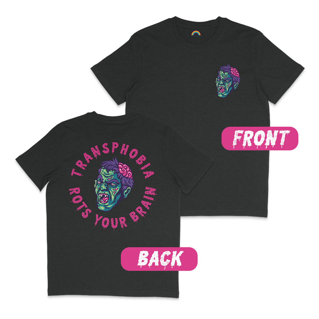 A dark heather grey t-shirt displayed both front and back. The front features a small design of a green zombie head with an exposed pink brain and a horrified expression, placed on the left chest. The back showcases a larger version of the zombie head surrounded by the phrase 