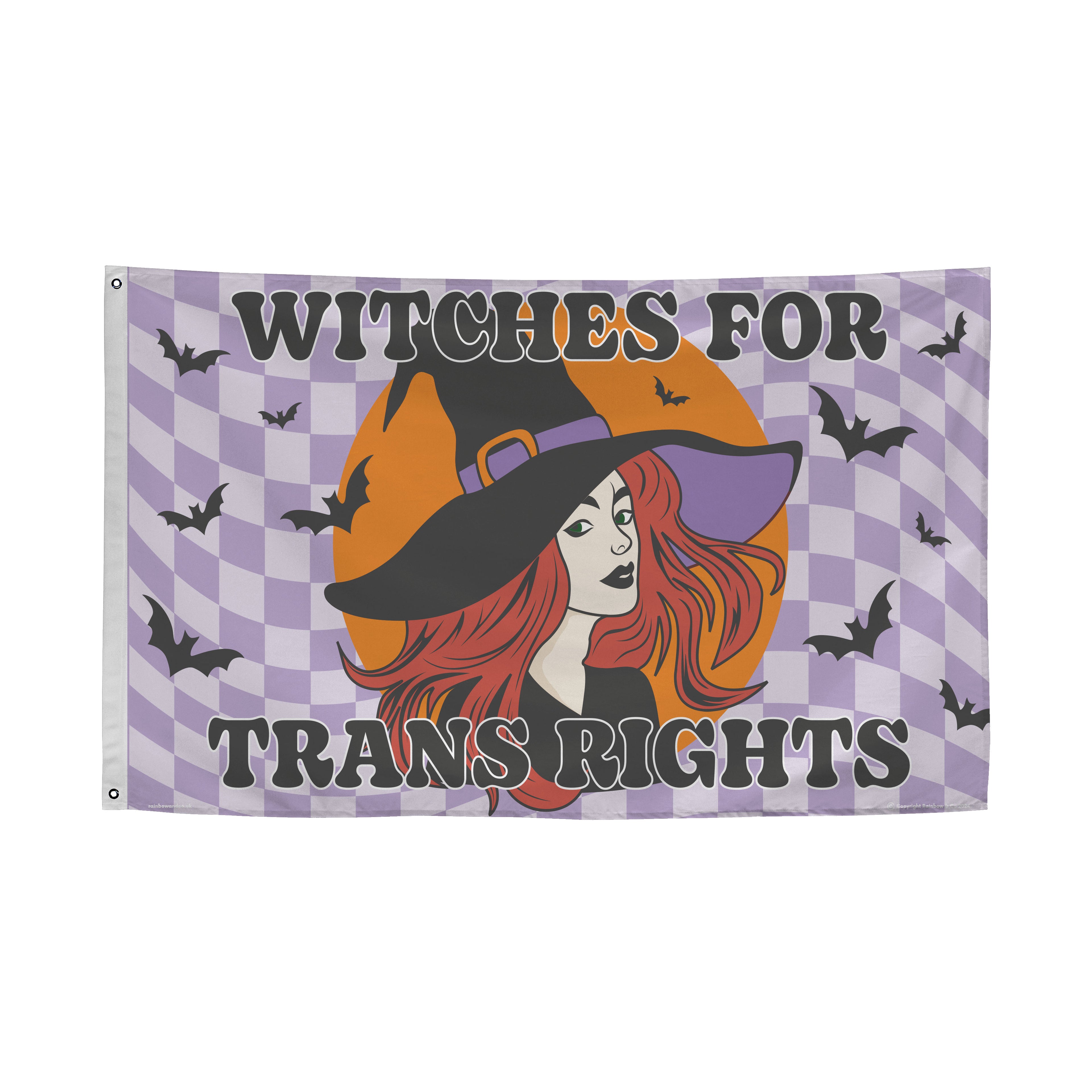 Flag with a witch design and text 'Witches for Trans Rights' on a checkered background.