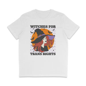 White crew neck shirt featuring the slogan Witches for Trans Rights with an illustrated graphic of a witch with bats flying around her hat