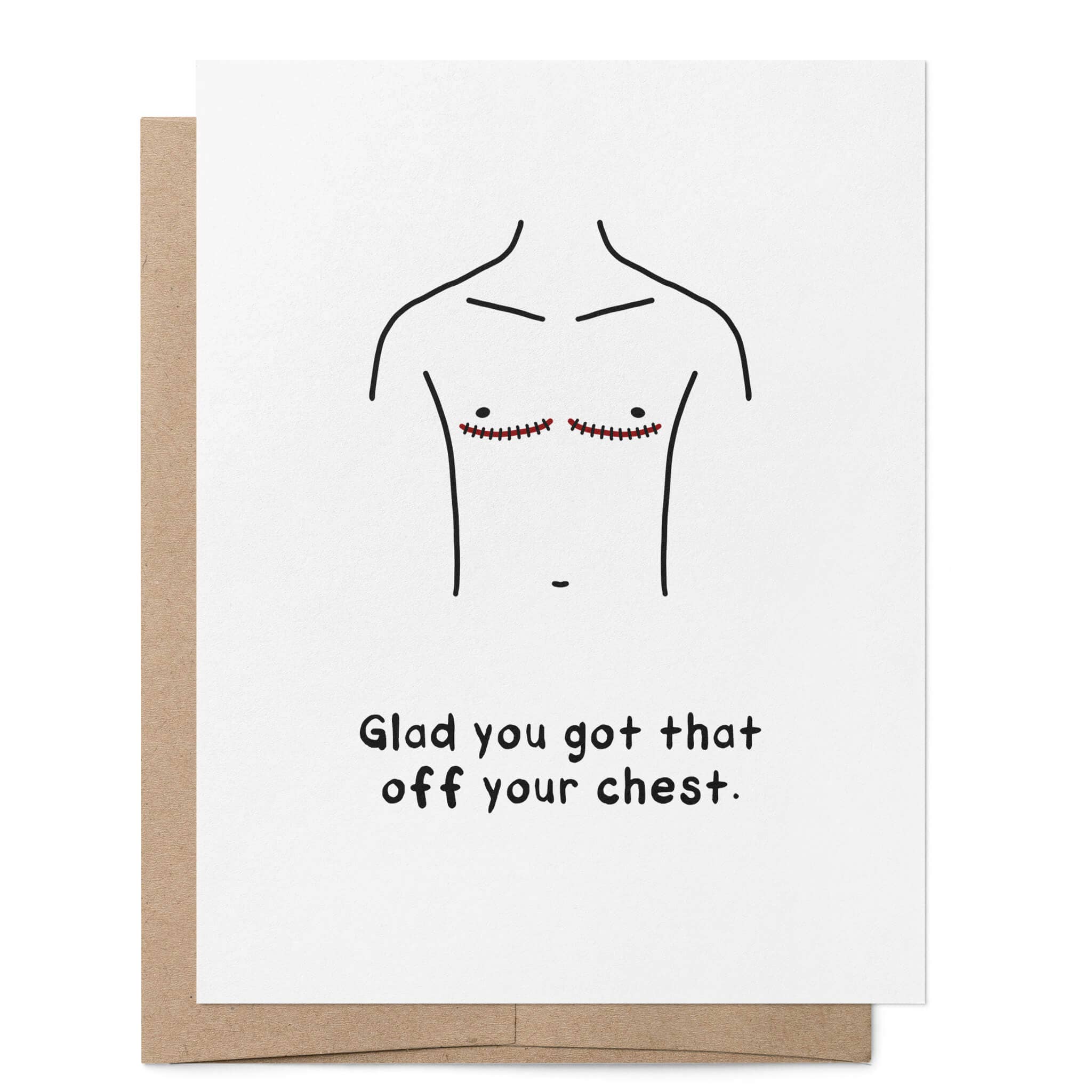 Option B "Glad You Got That Off Your Chest" greeting card featuring a minimalist illustration of a slimmer post-top surgery chest with healed scars and the message "Glad you got that off your chest."