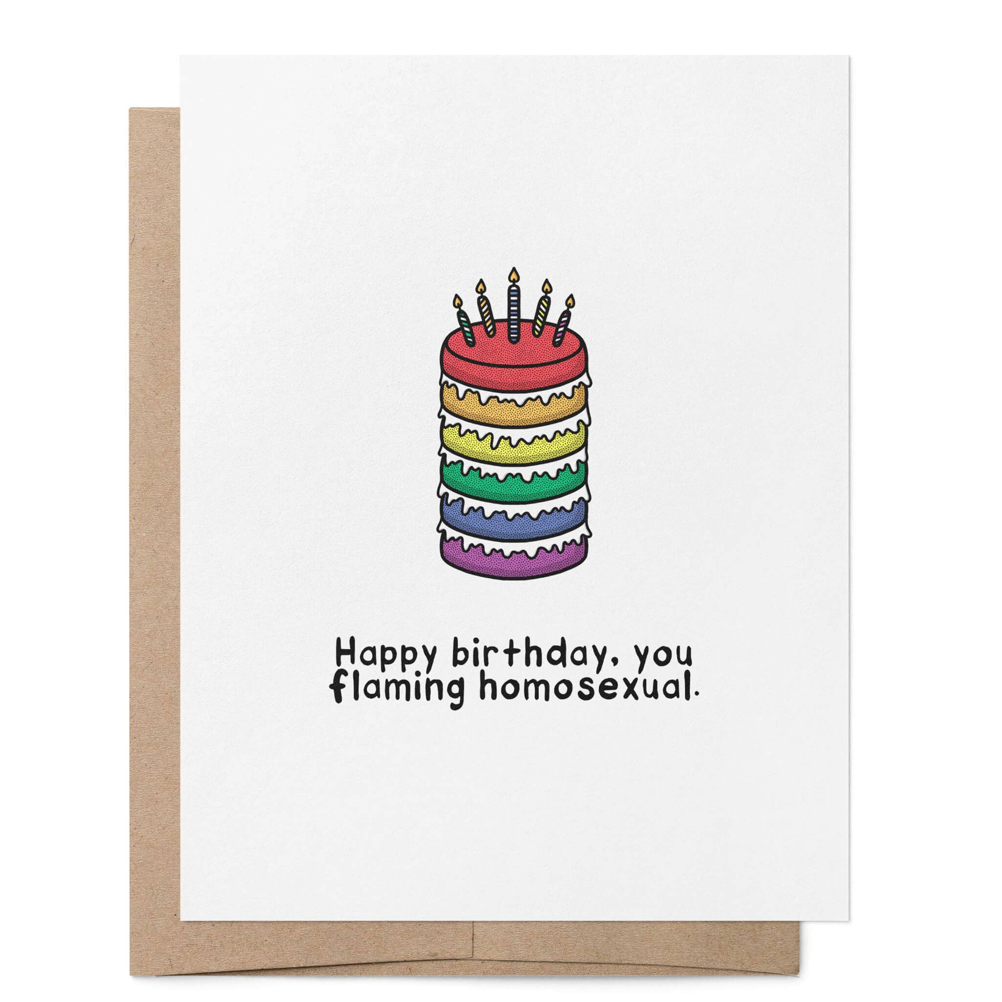 Happy Birthday, You Flaming Homosexual greeting card featuring a rainbow layer cake with candles above the humorous birthday message.