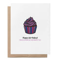 Happy Birthday greeting card featuring a cupcake in the colours of the bisexual flag with the message "Now you can have your cake and eat it too."