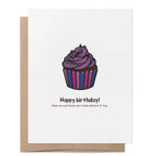 Happy Birthday greeting card featuring a cupcake in the colours of the bisexual flag with the message "Now you can have your cake and eat it too."