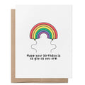 Hope Your Birthday Is as Gay as You Are greeting card featuring a rainbow-shaped balloon above the humorous birthday message.