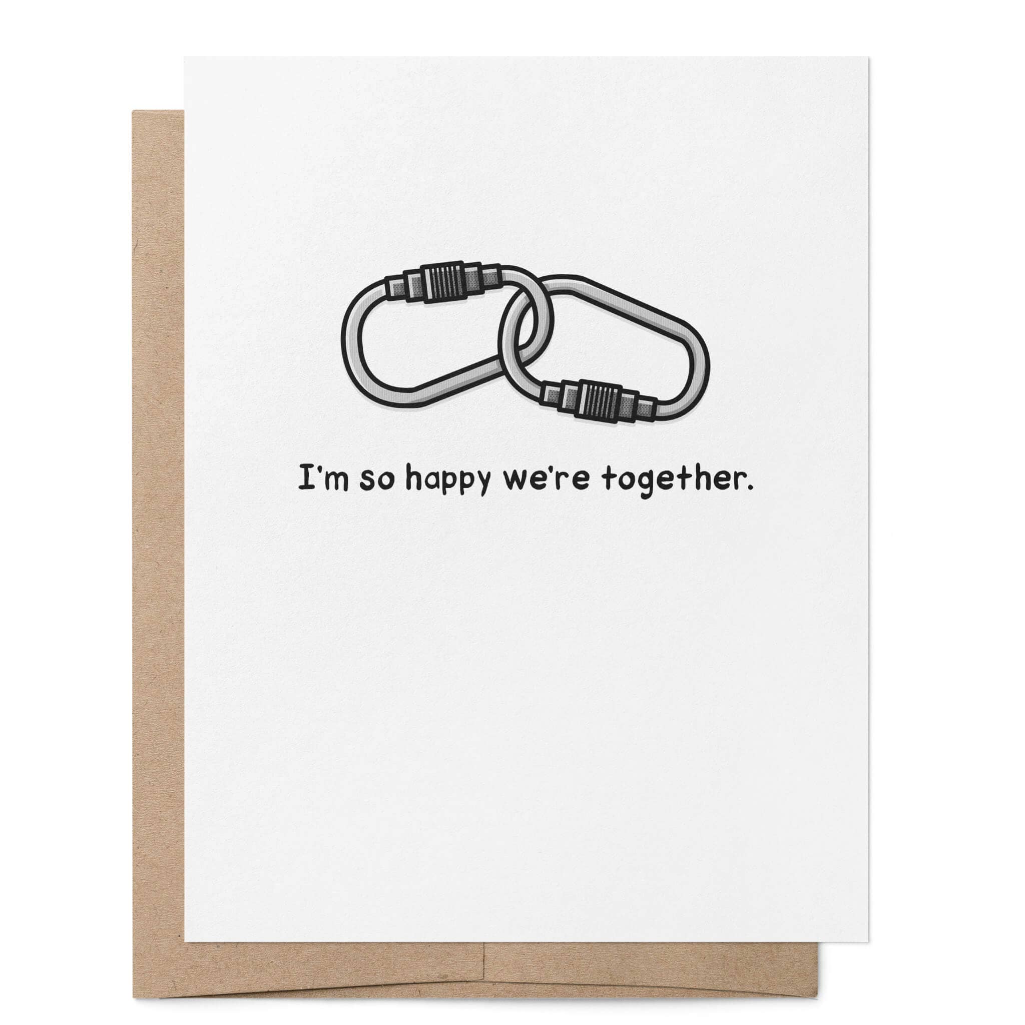 I'm So Happy We're Together LGBTQ+ greeting card featuring two linked carabiners above the message "I'm so happy we're together."