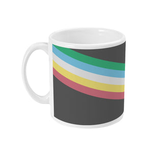 Ceramic 11oz mug featuring the muted black and coloured striped disability pride flag.