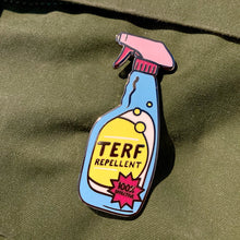 Load image into Gallery viewer, TERF Repellent Pin | Anti Terf Enamel Pin | Rainbow &amp; Co