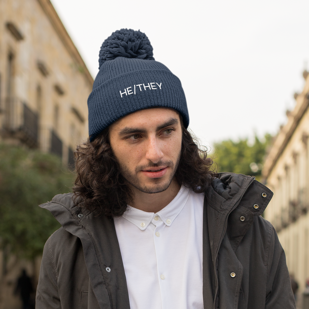 Navy Blue He/They Pronoun Bean Hat | Rainbow & Co