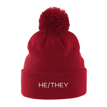 Load image into Gallery viewer, He/They Pronouns Beanie Hat in Red | Rainbow &amp; Co
