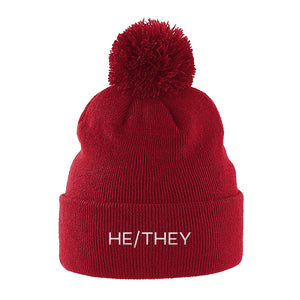 He/They Pronouns Beanie Hat in Red | Rainbow & Co