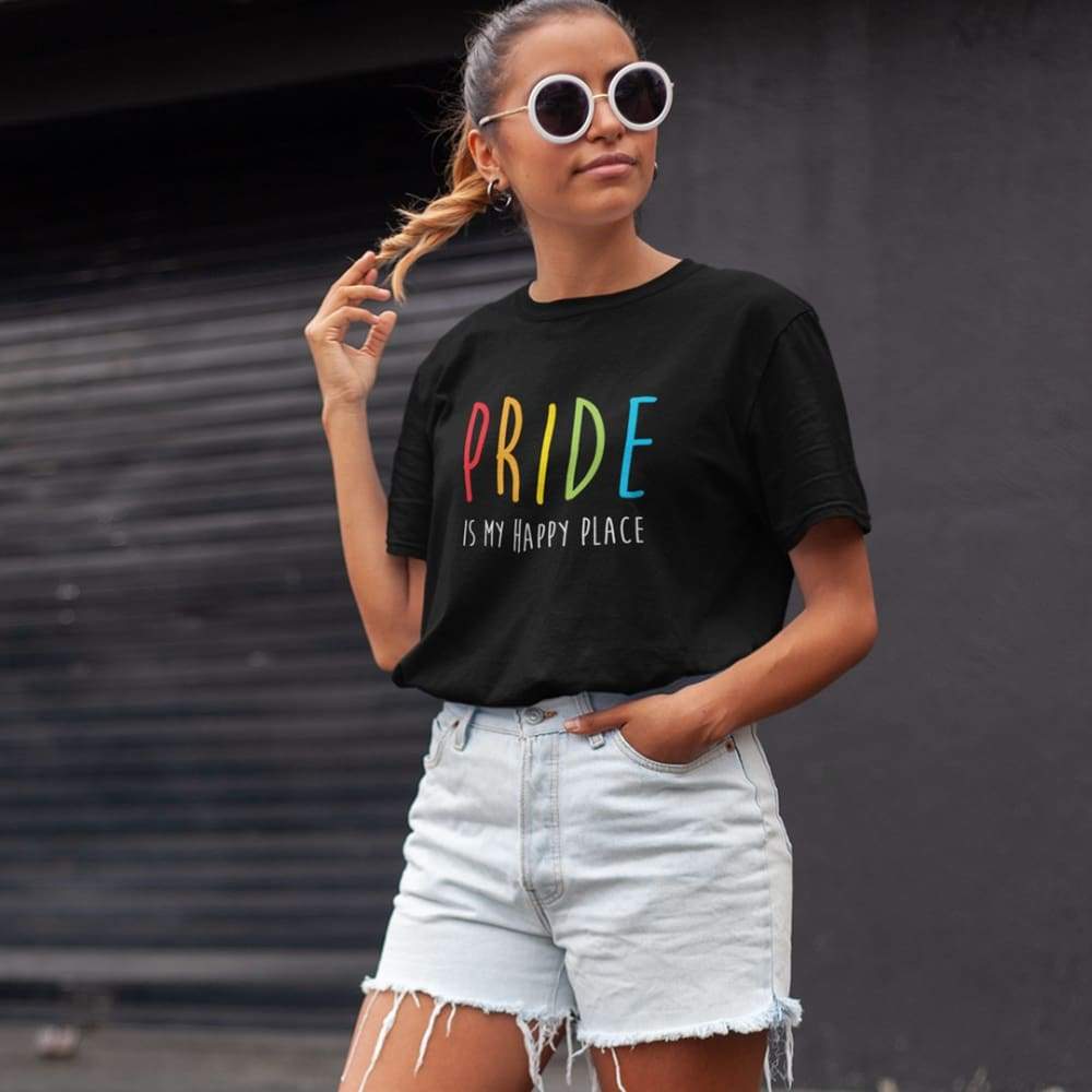 Young Woman Wearing Pride is my Happy Place Shirt | Rainbow & Co