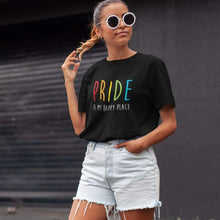 Load image into Gallery viewer, Young Woman Wearing Pride is my Happy Place Shirt | Rainbow &amp; Co