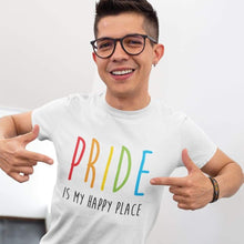 Load image into Gallery viewer, Young Man Wearing Pride is my Happy Place Shirt | Rainbow &amp; Co
