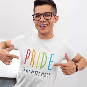 Young Man Wearing Pride is my Happy Place Shirt | Rainbow & Co