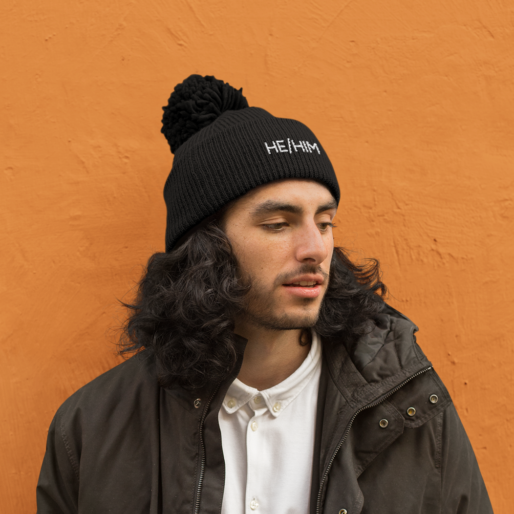 He Him Pom Pom Beanie Hat | Rainbow & Co