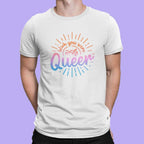 Man Wearing White Wish You Were Queer T Shirt